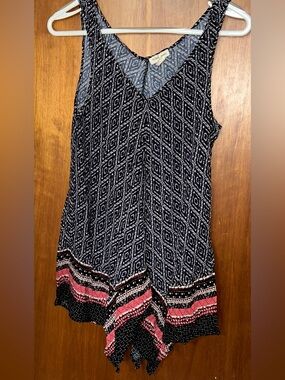 Tribal Navy & White Geometric V-Neck Tank with Pink Border